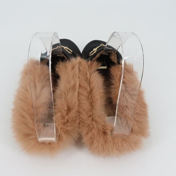 Womens 39 Black Velvet Gold Metal Horse Bit Brown Rabbit Fur Slide Shoes Slipper - Picture 6 of 11